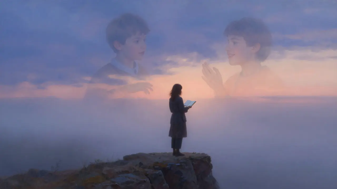 Dívka stojí na skále na ranním světle, drží otevřený deník, za ní se rozplynou sny.