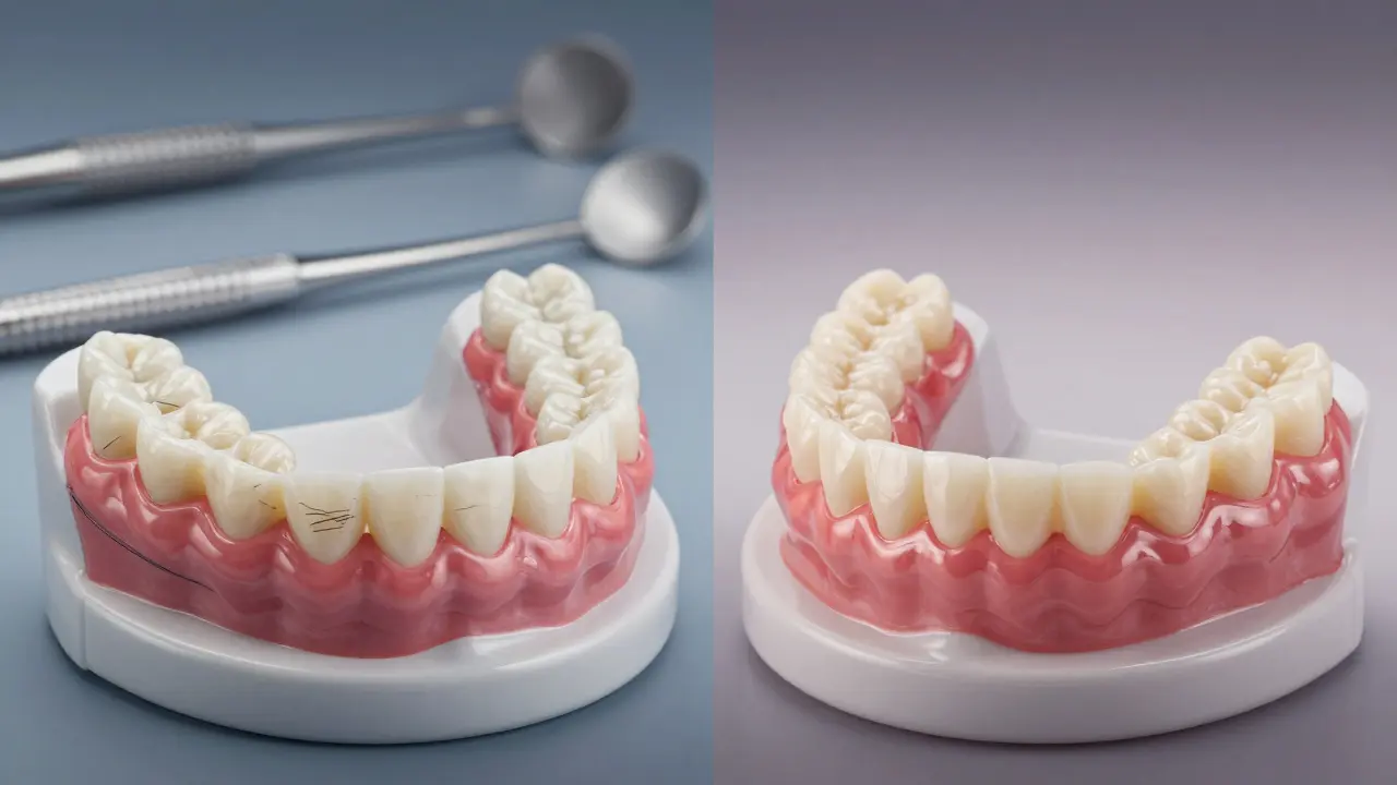 Dva typy dočasných zubů na lékařském nástrojovém talíři: akrylátový a kompozitový.