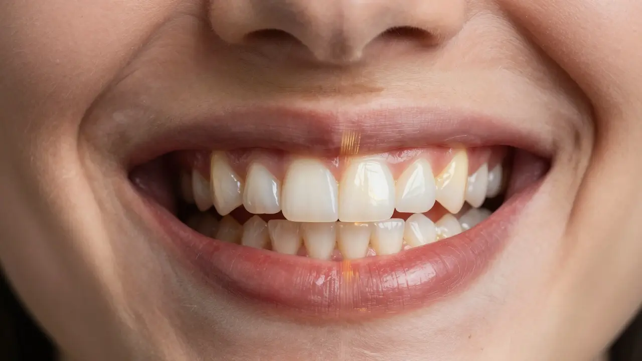 Dvoučástní ilustrace: zhoršené zuby na levé straně, zářivé fazety na pravé.