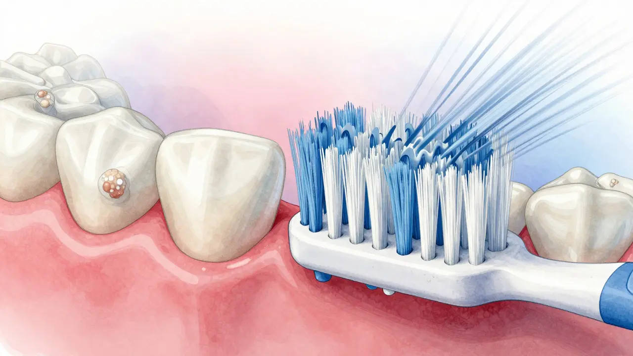 Jemné štětce Curaprox kartáčku pronikající mezi zuby a pod dásně.