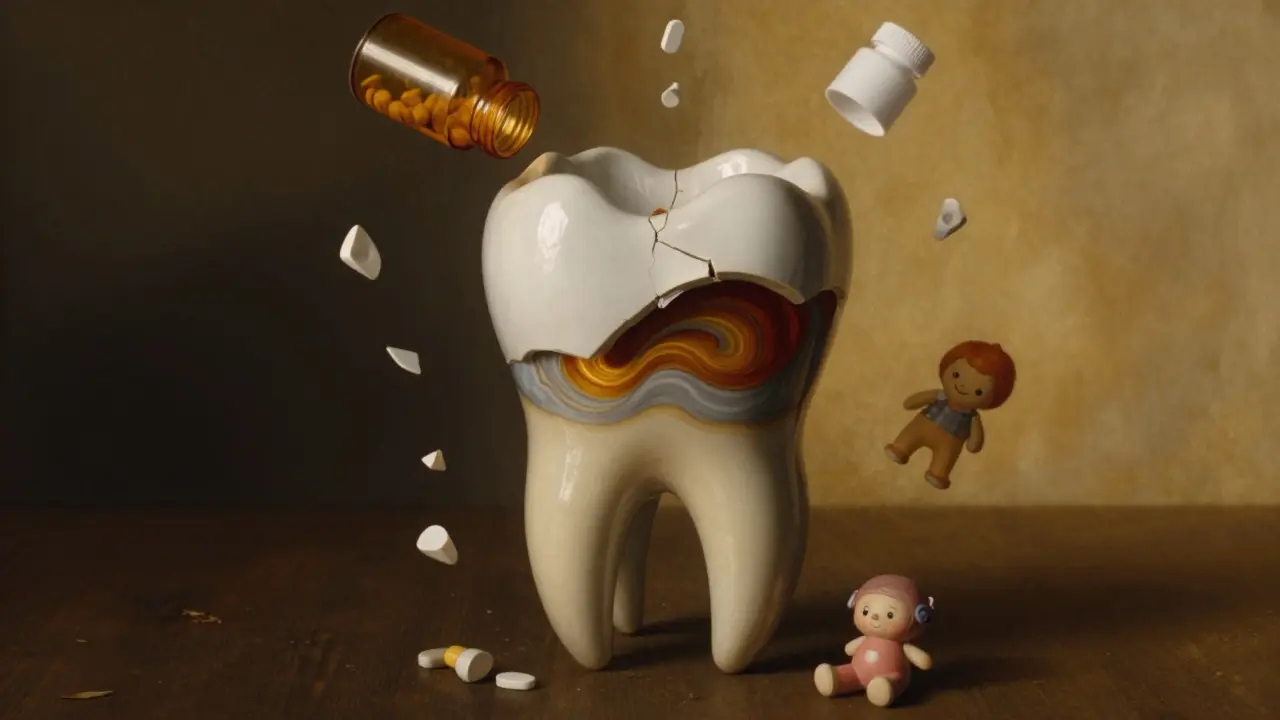 Keramická korunka se odstraňuje, odhalují se tajné tmavé proužky uvnitř zubu, symbolizující dědictví tetracyklinu.