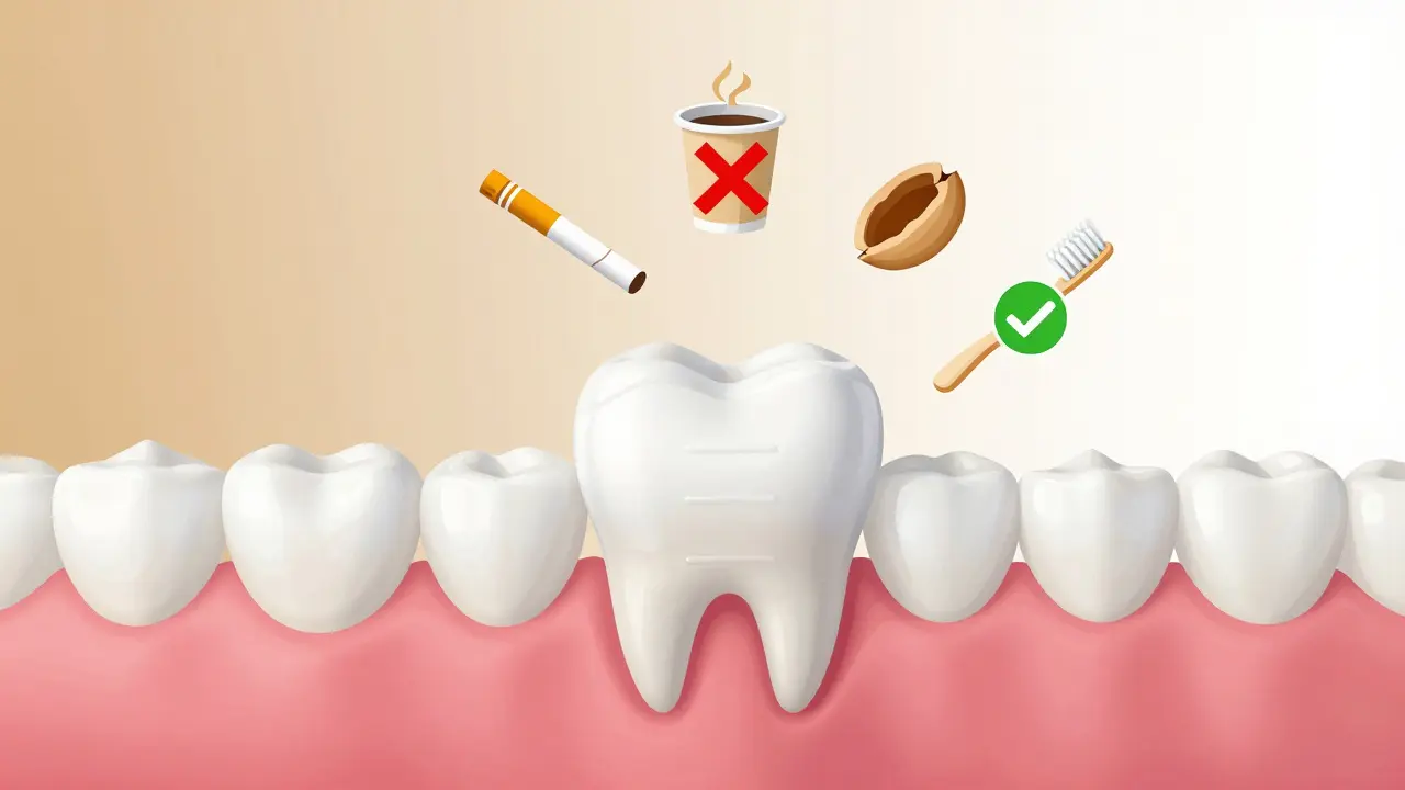 Kompozitní fazeta jako štít na zubě s ikonami rizik a péče – káva, tabák, tvrdá jídla a kartáček.