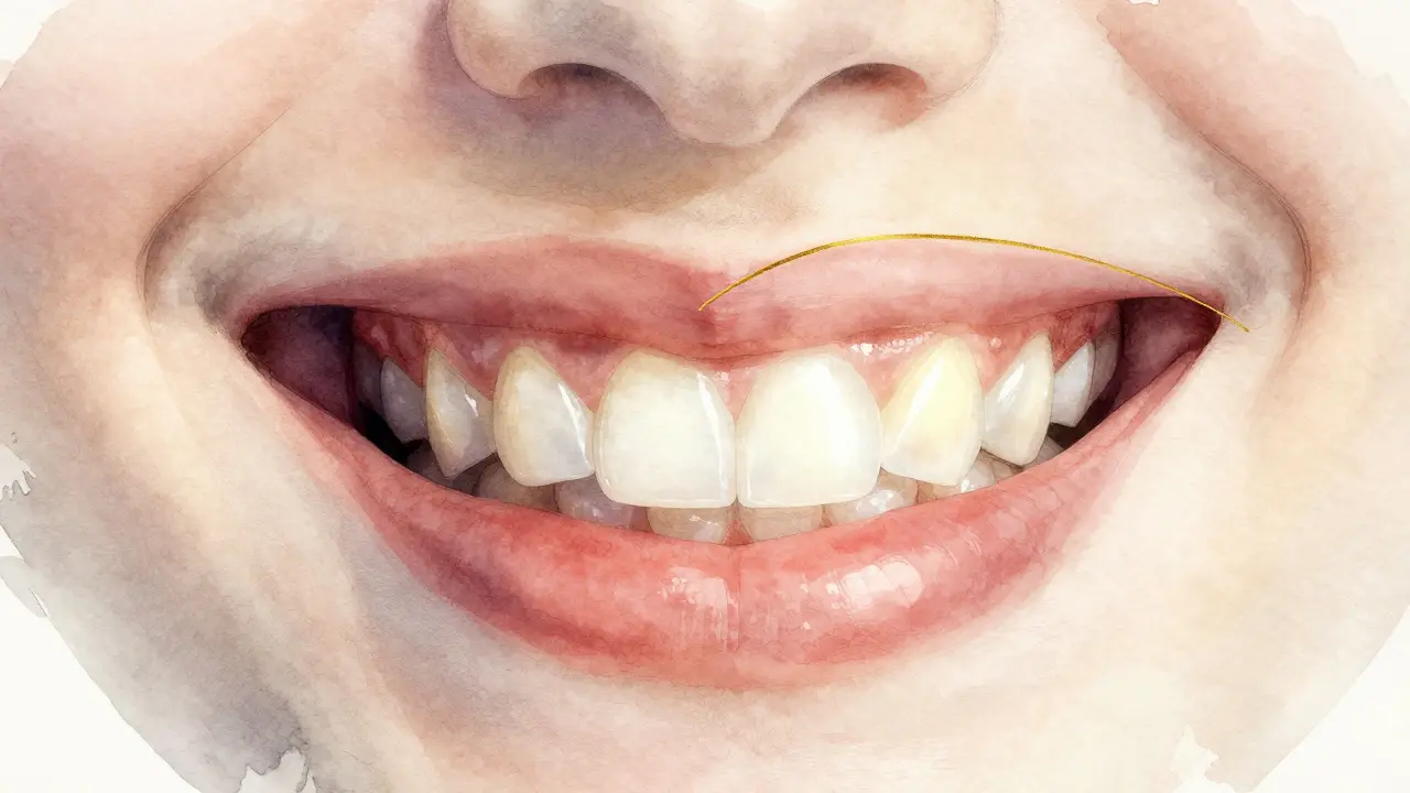 Konceptuální ilustrace transformace křivých zubů na rovnoměrné s fasetami, v jemném vodové barvě a černé inkoustové linii.