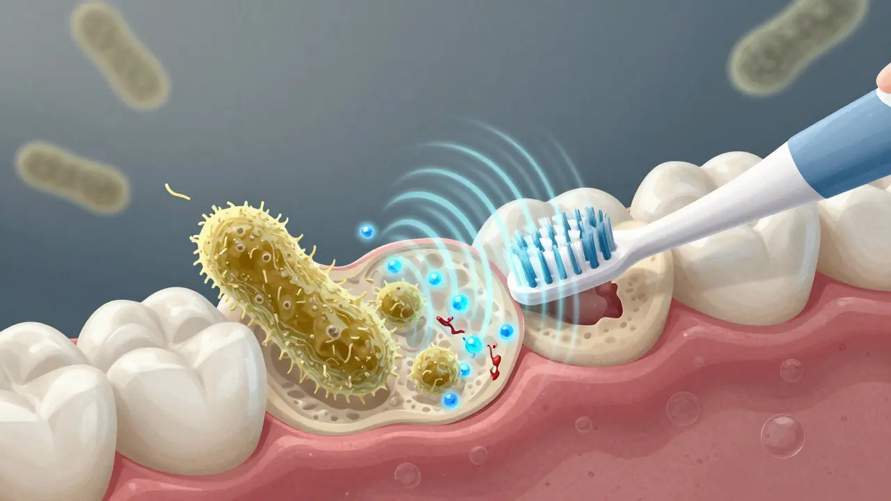 Mikroskopický pohled na bakterie a sonické vlny, které odstraňují zubní plak a obnovují email.