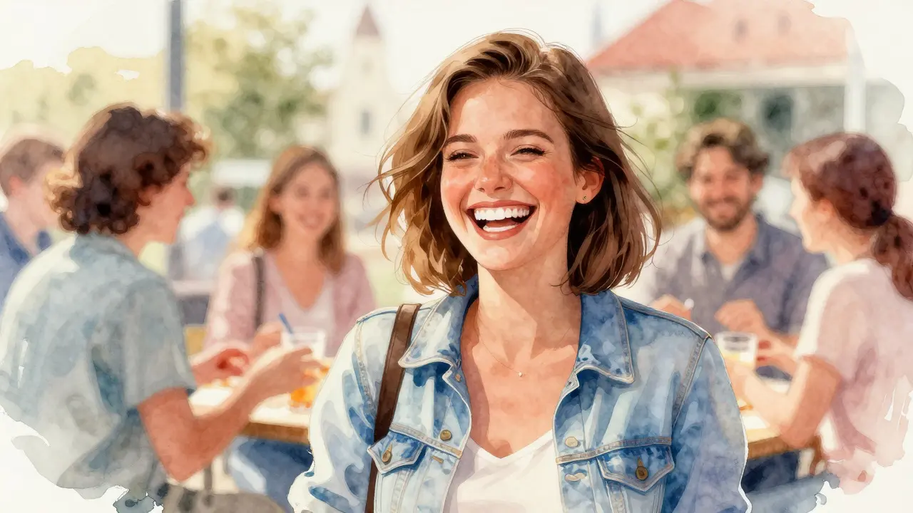 Mladá žena se směje s kamarády po ortodontické léčbě.