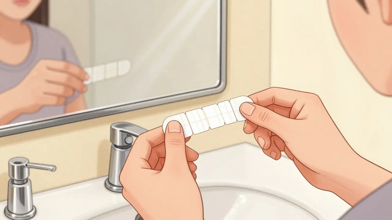 Osoba aplikuje bělicí pásky na zuby pomocí zrcadla v koupelně.