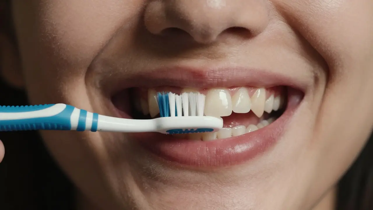 Přechod od zubního kamene k zdravému úsměvu s Curaprox kartáčkem jako mostem.