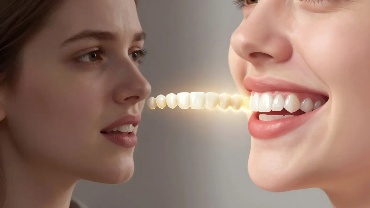 Před a po transformaci úsměvu s keramickými veneery spojenými zlatou čarou.