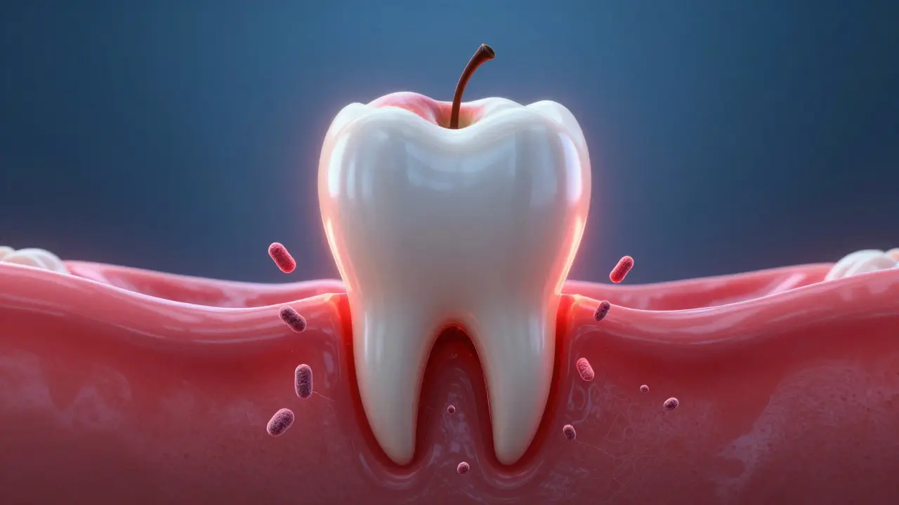 Přední zub s příznaky zánětu, který způsobuje jeho pohyb a ztrátu podpory.