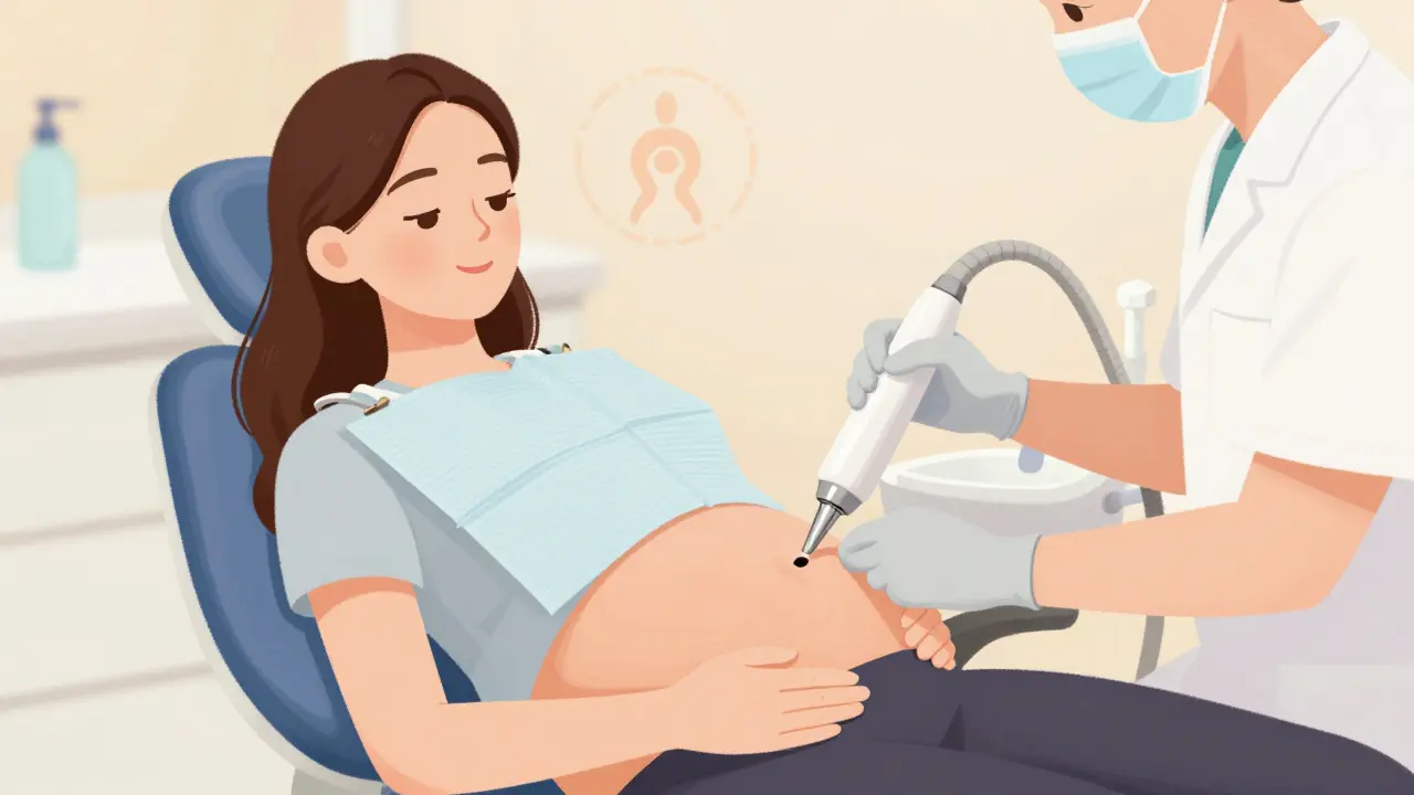 Pregnant woman receiving laser tartar removal instead of ultrasonic scaling.