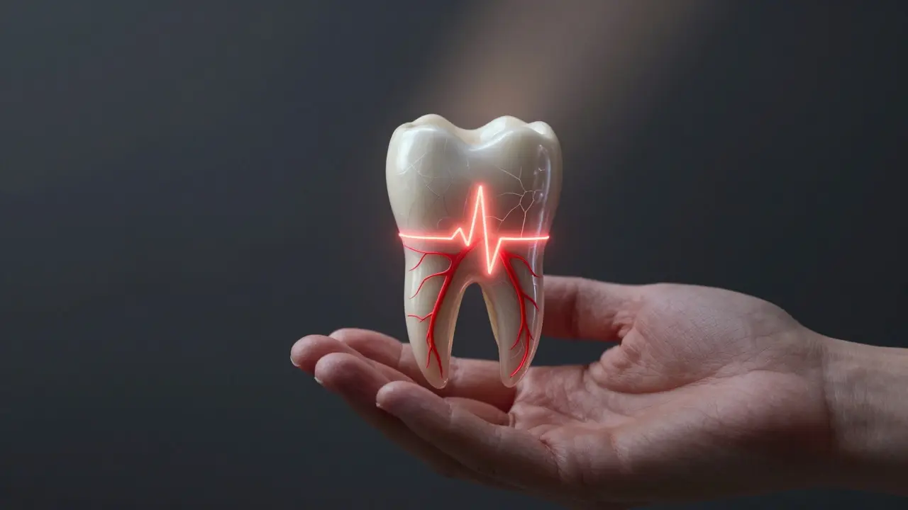 Průhledný přední zub s pulzujícími nervy a cévami, držený v ruce.