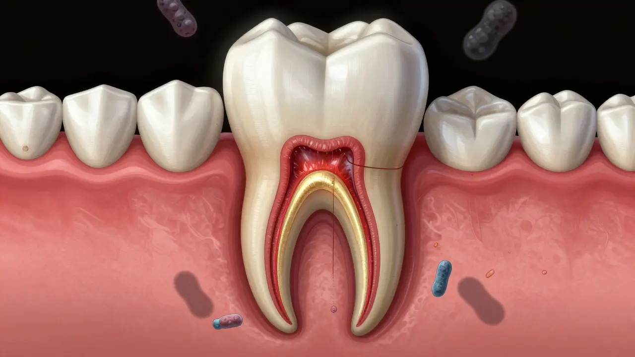 Průřez předního zubu s inflamovanou dření a bakteriemi u kořene.