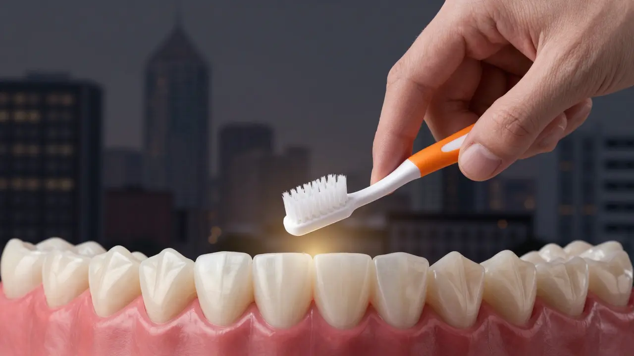 Ruka drží jemný kartáček a mezizubní kartáček nad zuby, s jemným zářivým světlem na dásních.