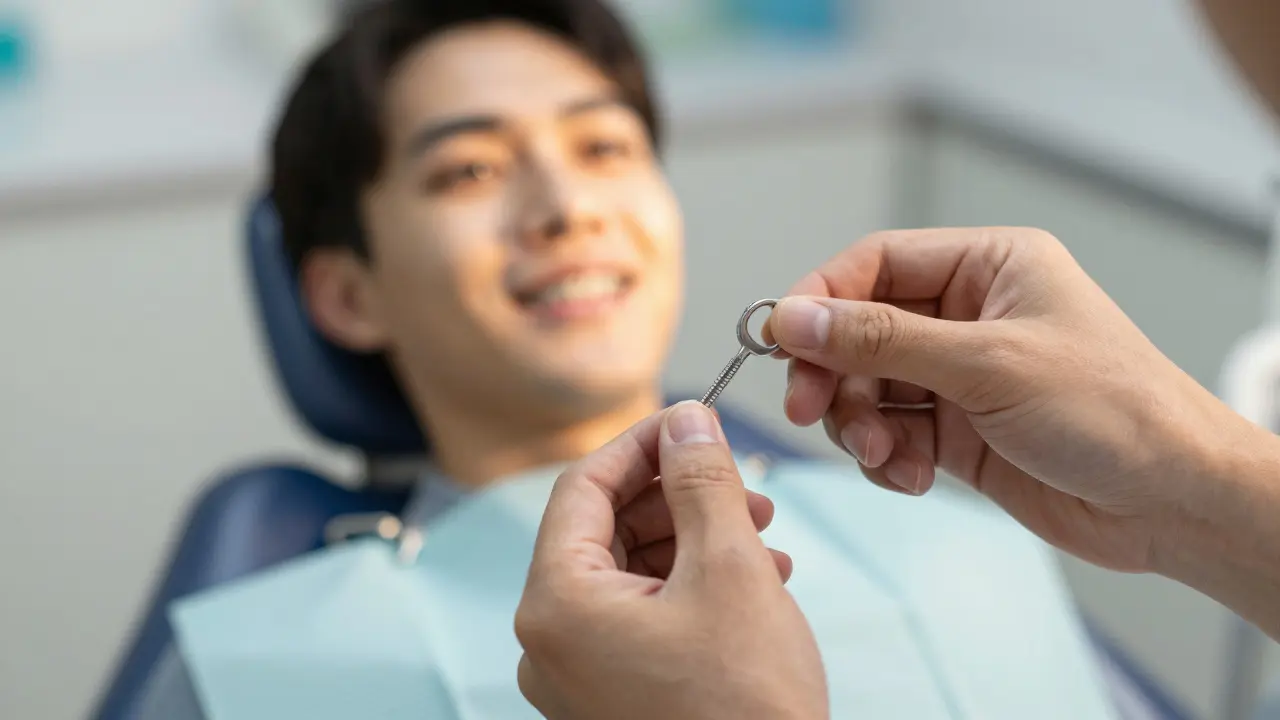 Ruky otáčejí klíčem v rozšiřovací aparatuře fixních rovnátek během léčby křížového skusu.