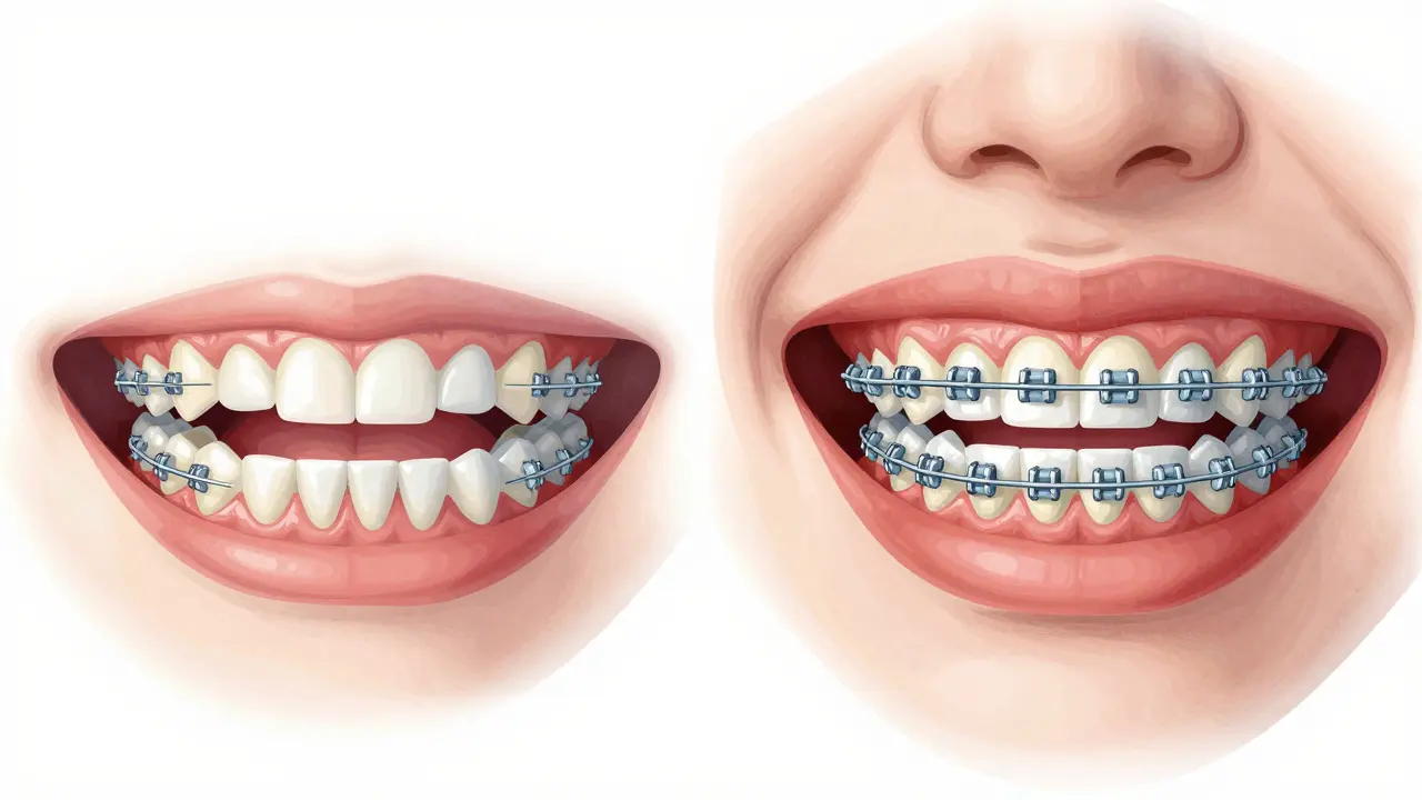 Srovnání široké a úzké horní čelisti s vysvětlením, jak rovnátka opravují křížový skus.