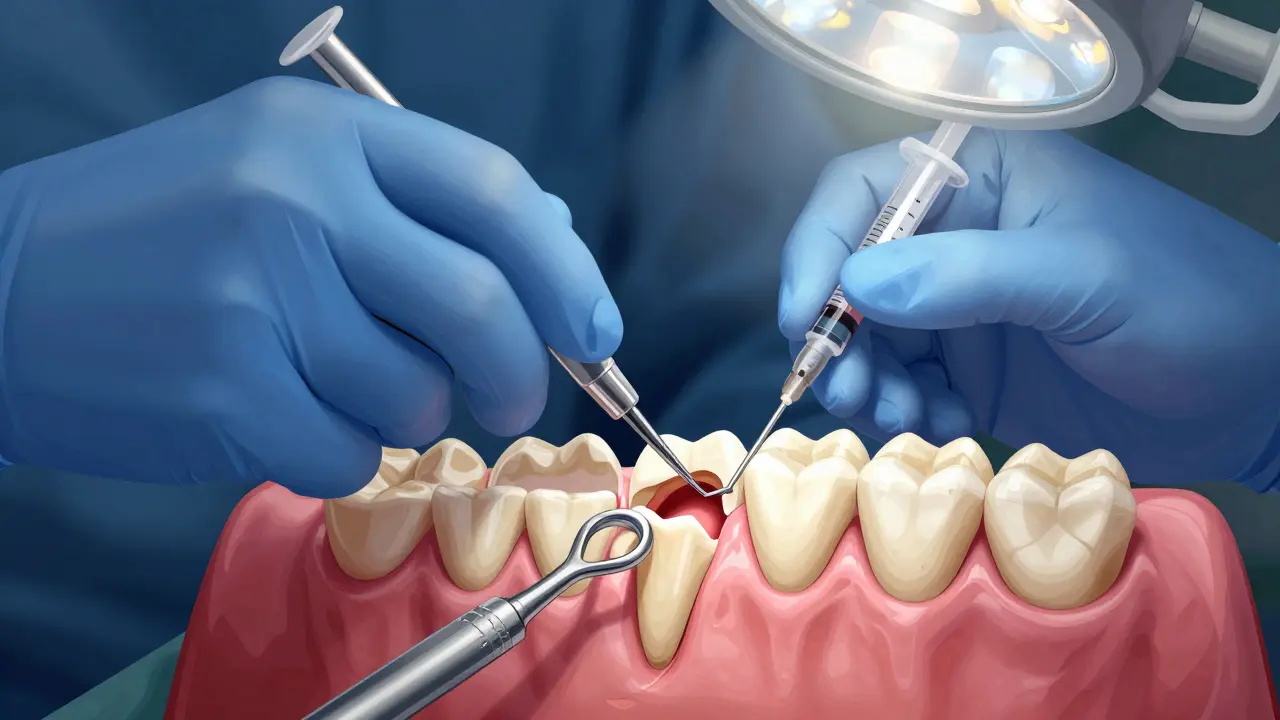 Surgical extraction of an impacted wisdom tooth with dental instruments and incision visible.