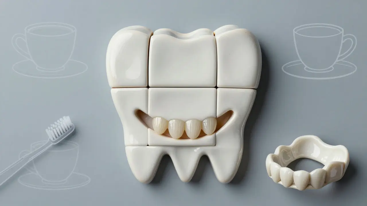 Úsměv složený z keramických dlaždic, symbolizující dokonalost a trvanlivost.