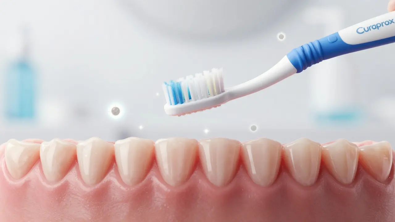 Zdravá dásňová hranice bez krvácení s jemným kartáčkem Curaprox nad ní.