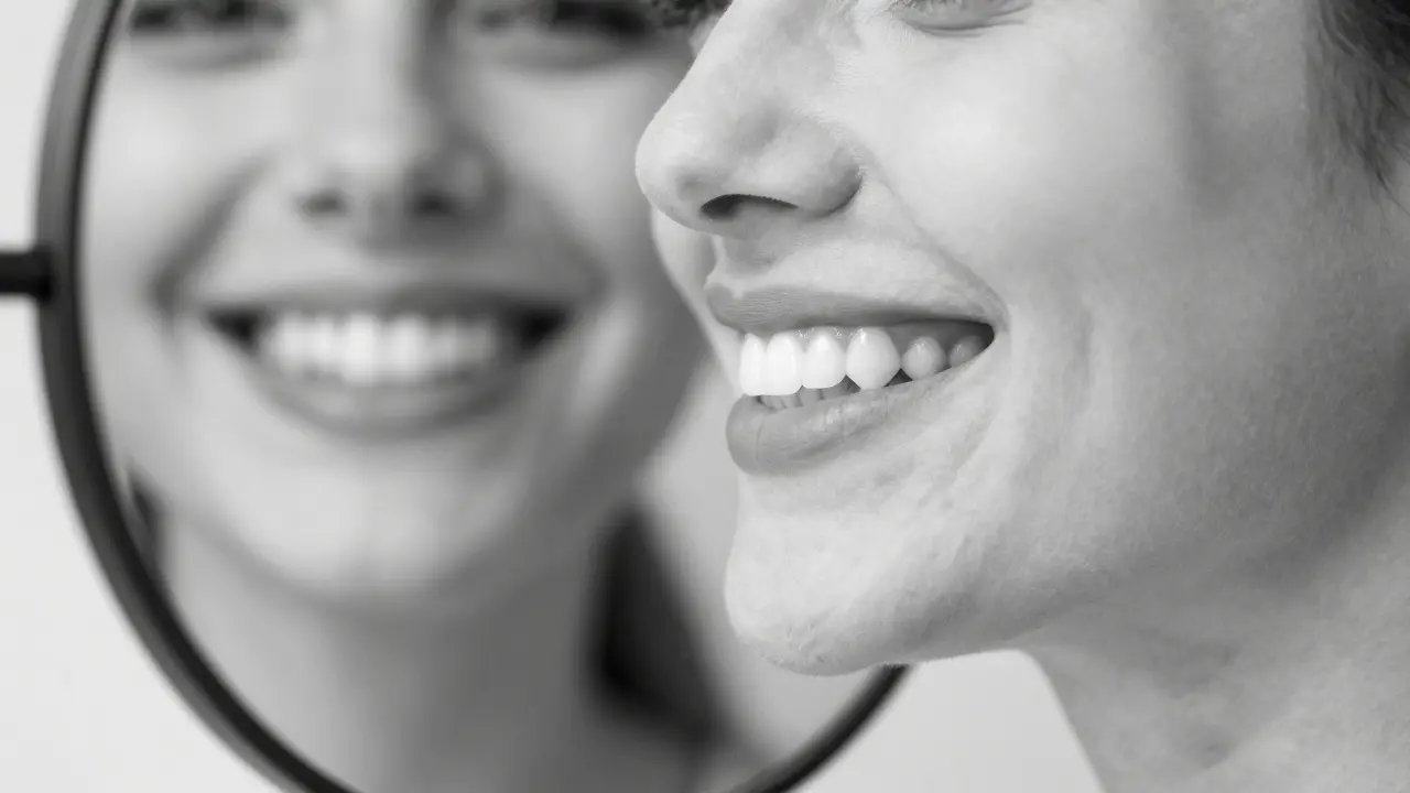 Zrcadlový odraz rovných zubů po léčbě.