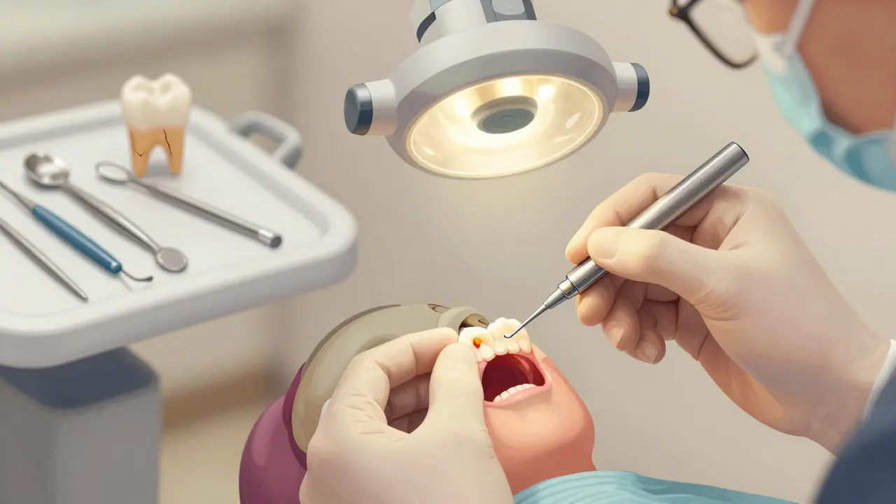 Zubní lékař aplikuje kompozitní materiál na zub s vnitřním zbarvením pod zvětšovací lampou.