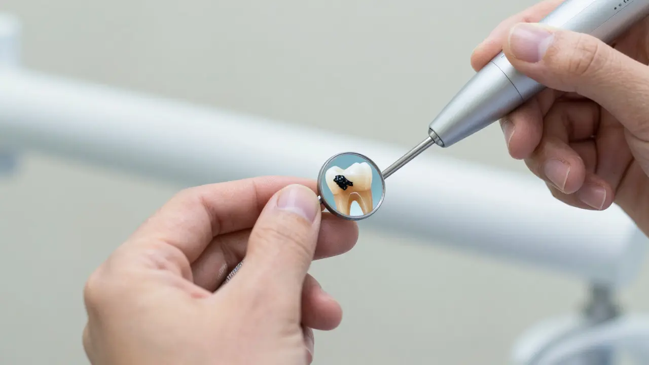 Zubní lékař odstraňuje černý kámen ultrazvukovým nástrojem v ordinaci