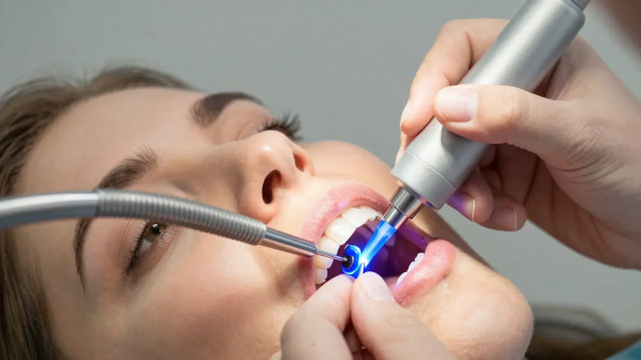 Zubní lékař opravuje fazetu pomocí světelné lampy v klinice, pacient otevřeně má ústa.