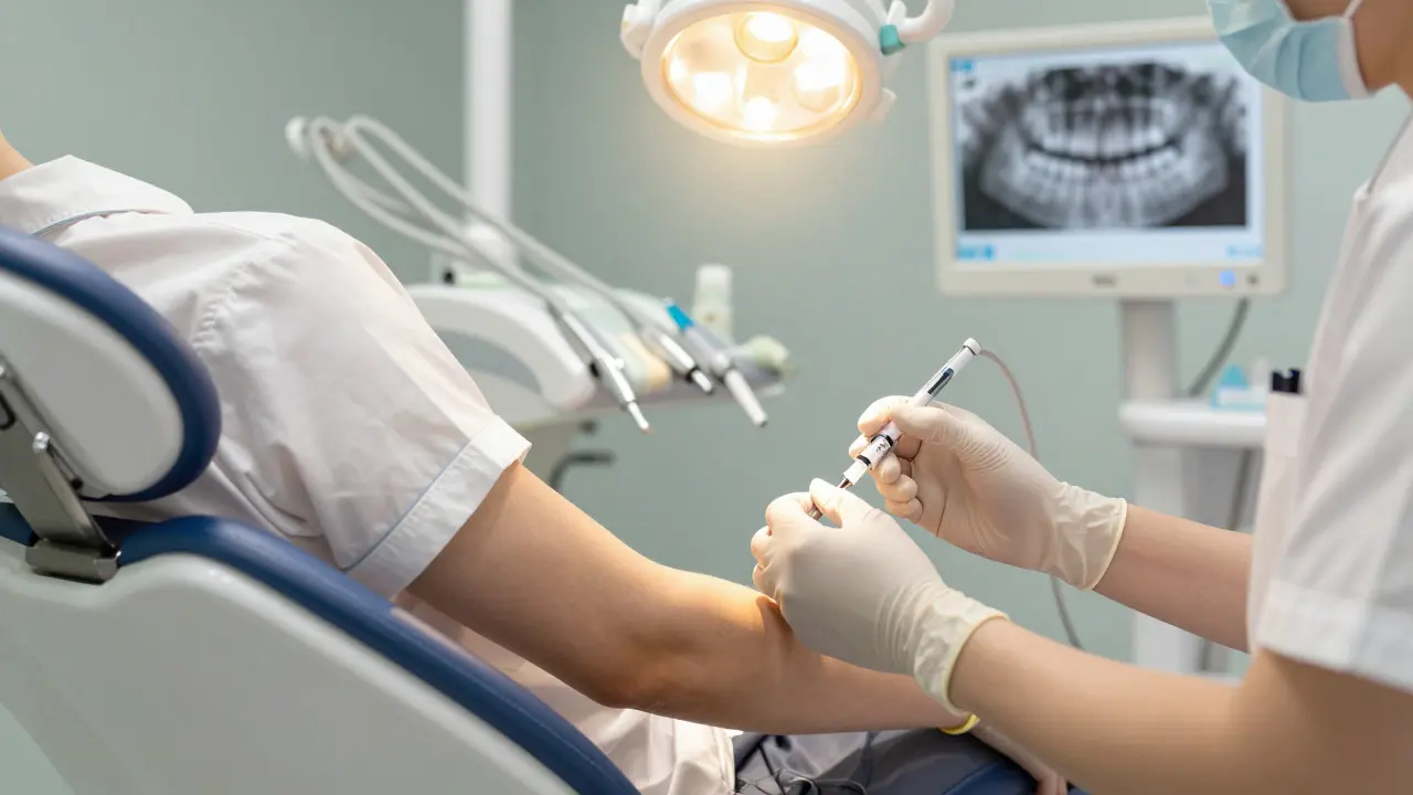 Zubní lékař provádí zákrok, zatímco pacient sedí na stolici s vystavenou paží.