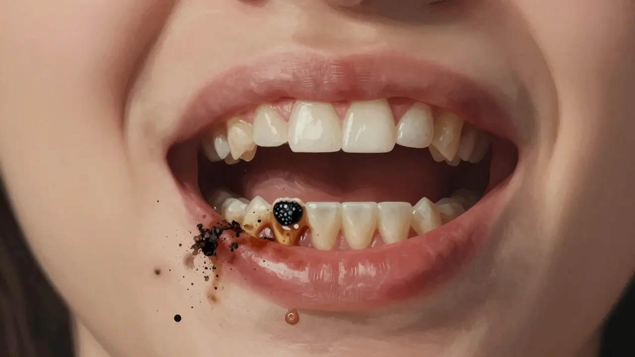 Zvětšený pohled na černý zubní kámen s částicemi železa a barviv z kávy a tabáku