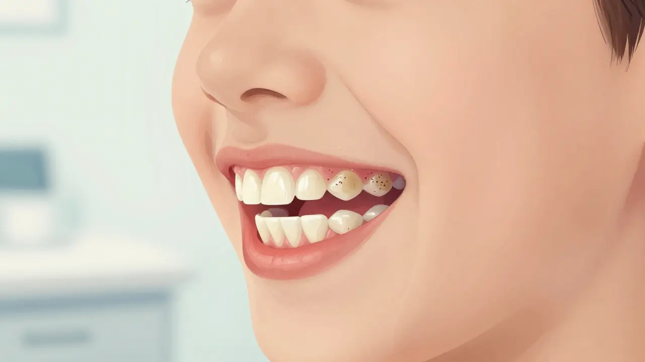 Zvětšený pohled na zubní kámen a zánět dásní u dítěte v anatomické ilustraci.