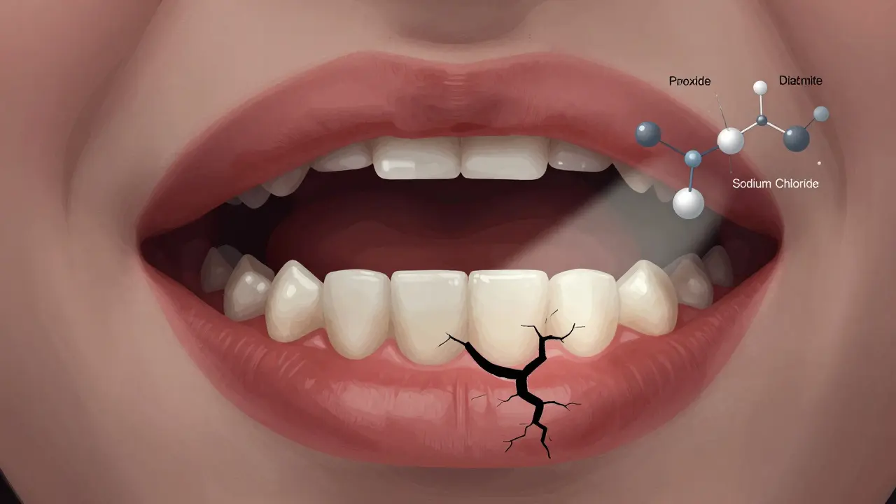 Abstraktní zobrazení poškozených dásní a chemických látek, které je způsobují.