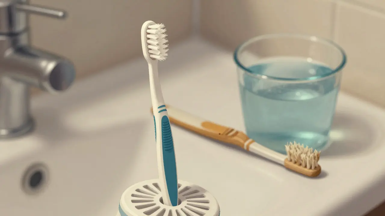 Čistý mezizubní kartáček na stojánku vedle znečištěného v mokré sklenici.