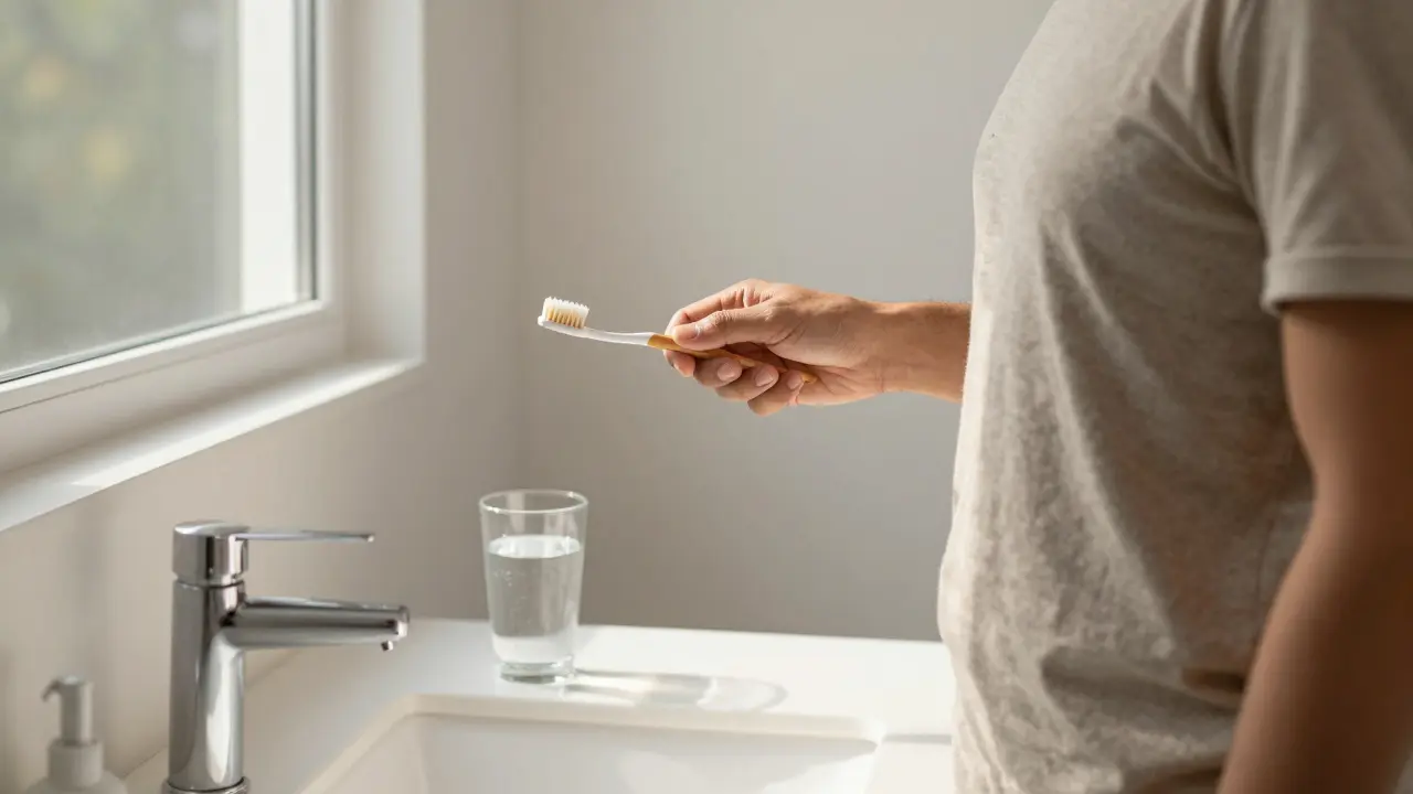 Člověk v koupelně s měkým kartáčem při připravě na ústní hygienu.