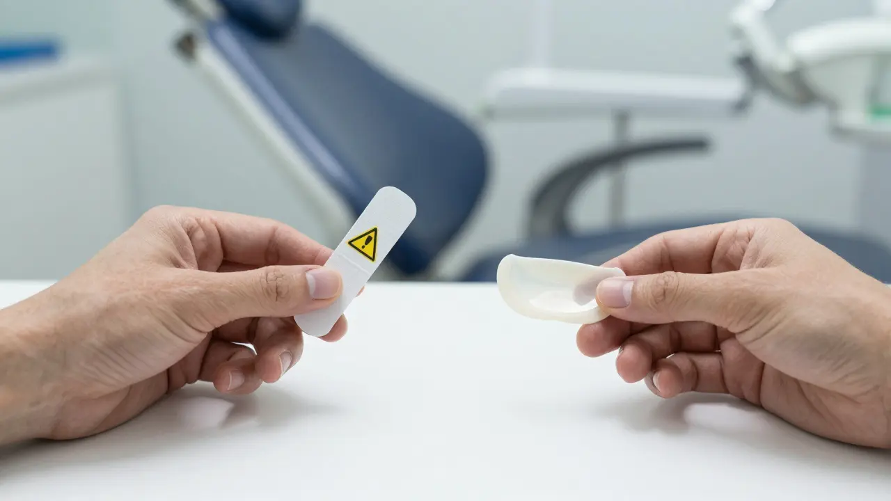 Contrast between unsafe whitening strip and safe dental bleaching tray with gum shield.
