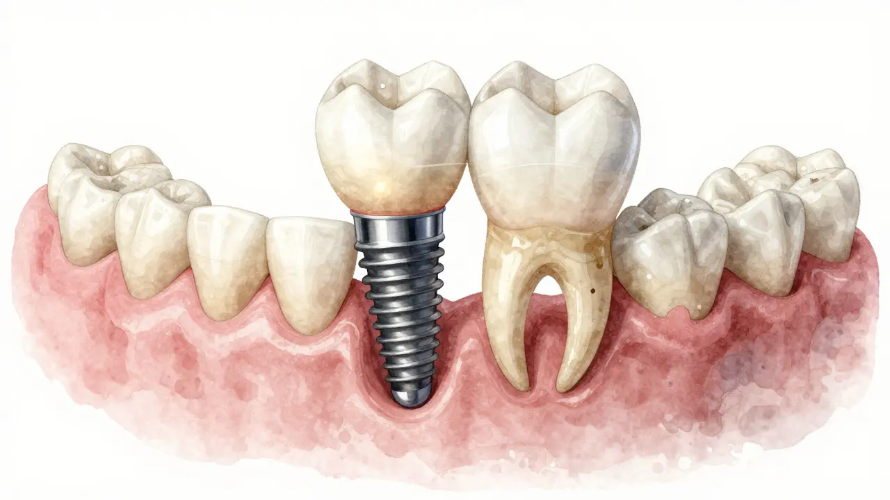 Cross-section of jawbone showing bone loss next to a healthy dental implant and shifting adjacent teeth.