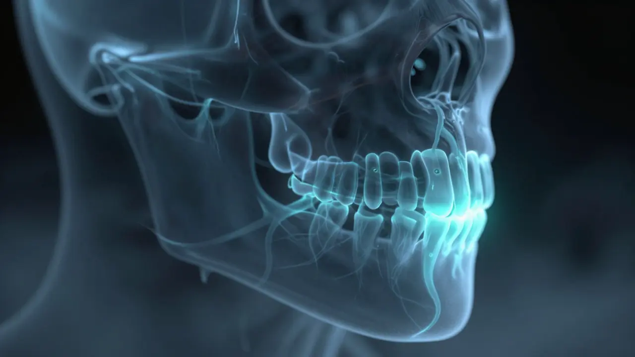 Digitální vizualizace dentálního skenování kosti a zubů.