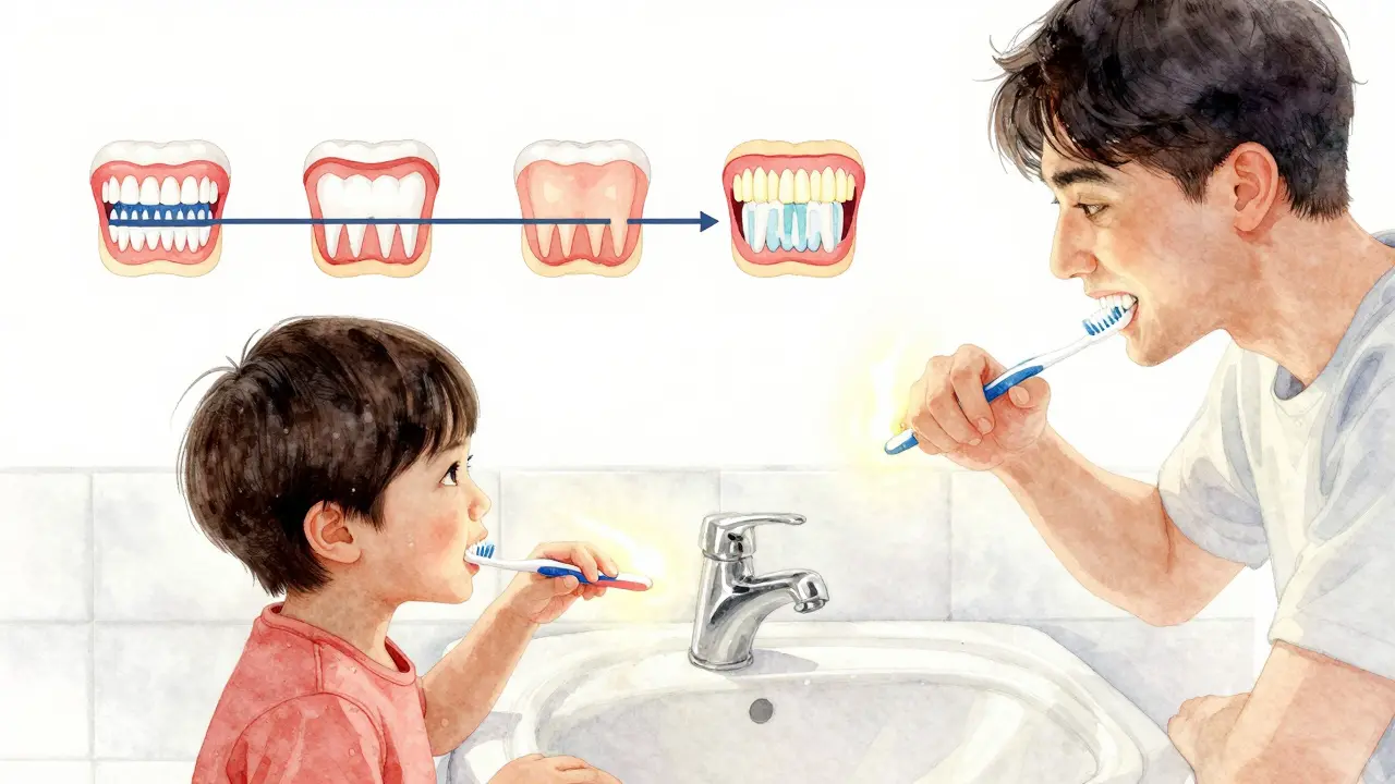 Dítě a dospělý společně čistí zuby, symbolizující prevenci zánětu dásní.