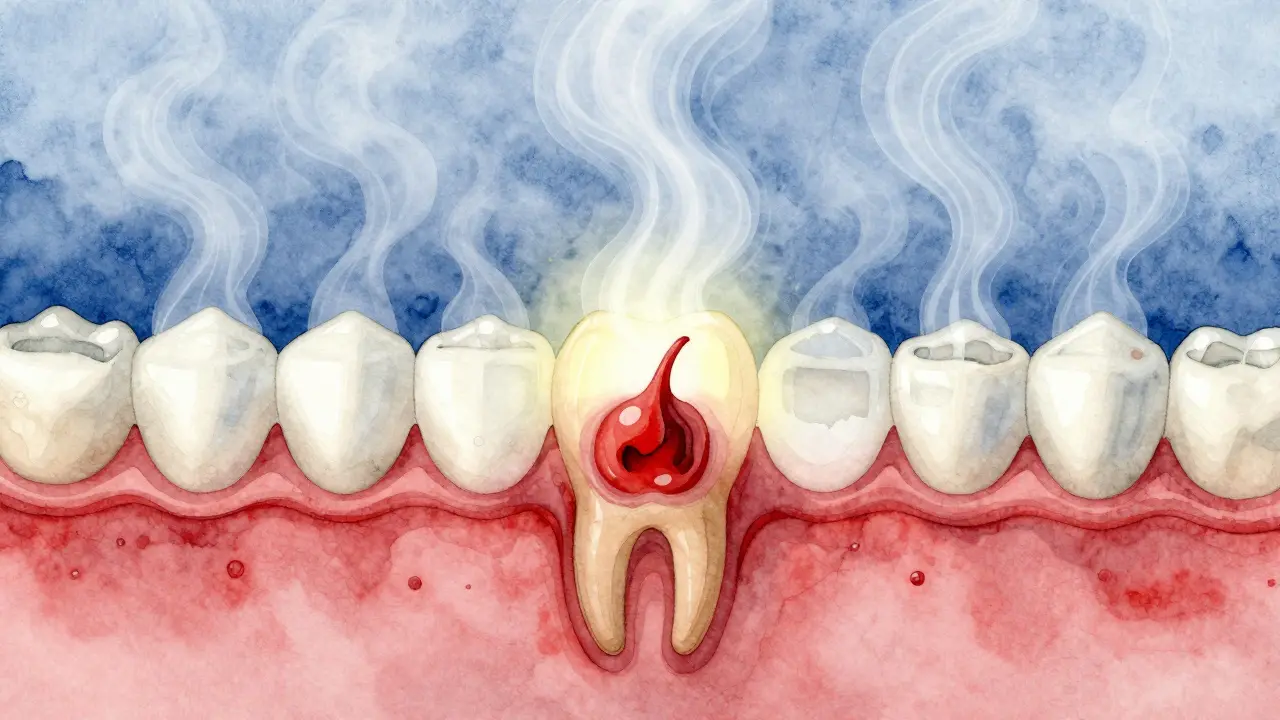 Důraz na krevní sraženinu v zubní jamce s odrazem horké vody a páry.