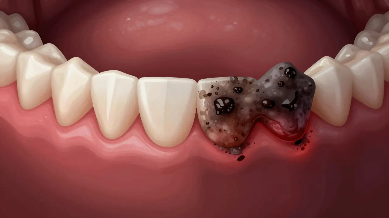 Dvě části: zdravé dásně na levé straně a zánětlivé s nánosy na pravé.