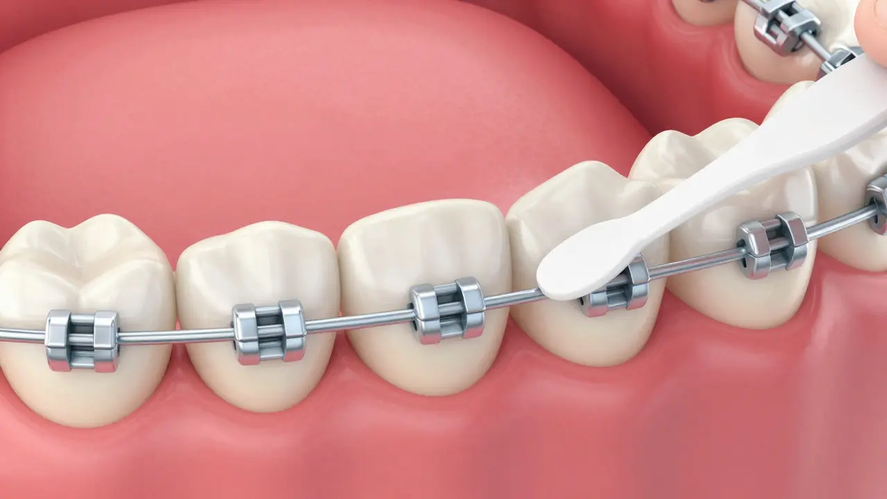 Ilustrace čištění kolem drátů rovnátek pomocí speciálního kartáčku.