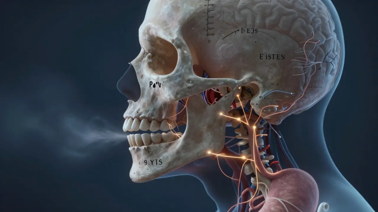 Kulatá lebka s označenými enzymy a nervovými signály při kousnutí.