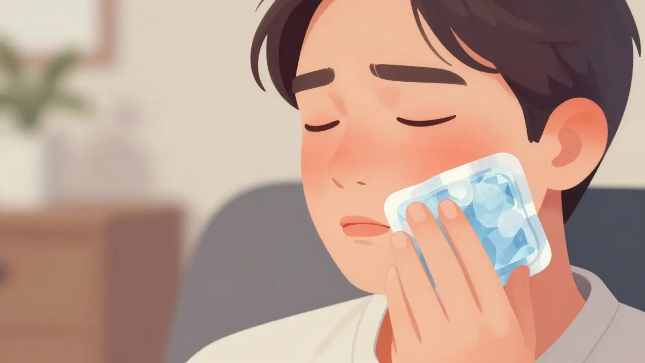 Ledový obklad na tváři pro zmírnění bolesti dásní.