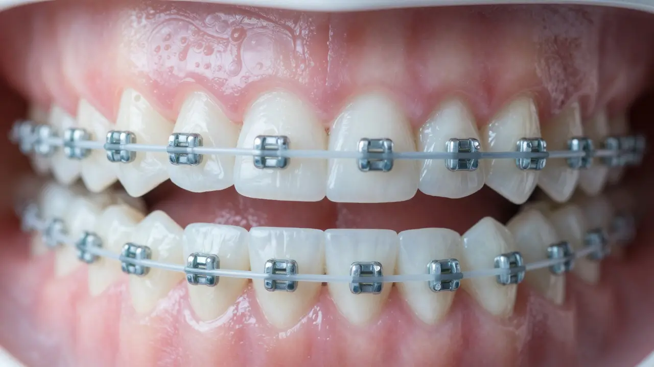 Makro záběr čistých zubů s rovnátky a bílými gumičkami.