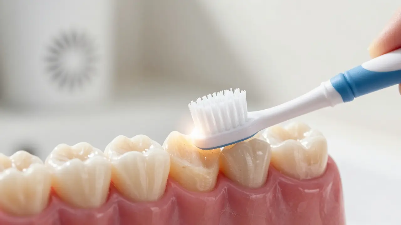 Mezizubní kartáček mezi zuby, štětiny odstraňují plak, zdravé dásně na pozadí.