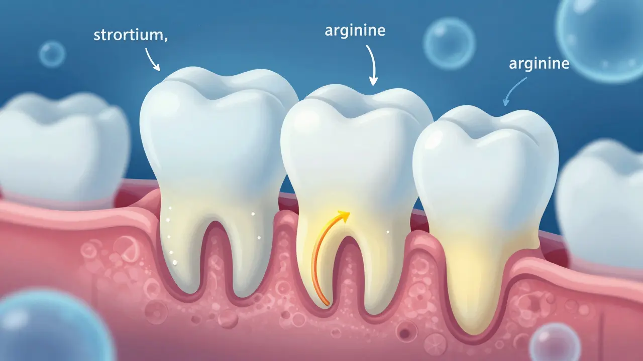 Microscopic view of tooth enamel with open channels and protective ions sealing them.