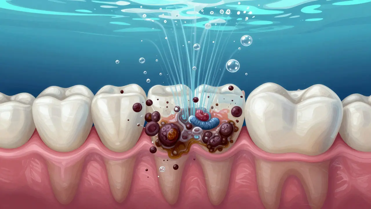 Mikroskopický pohled na ultrazvukové vlny odstraňující zubní kámen a biofilm z povrchu zubu a pod dásní.