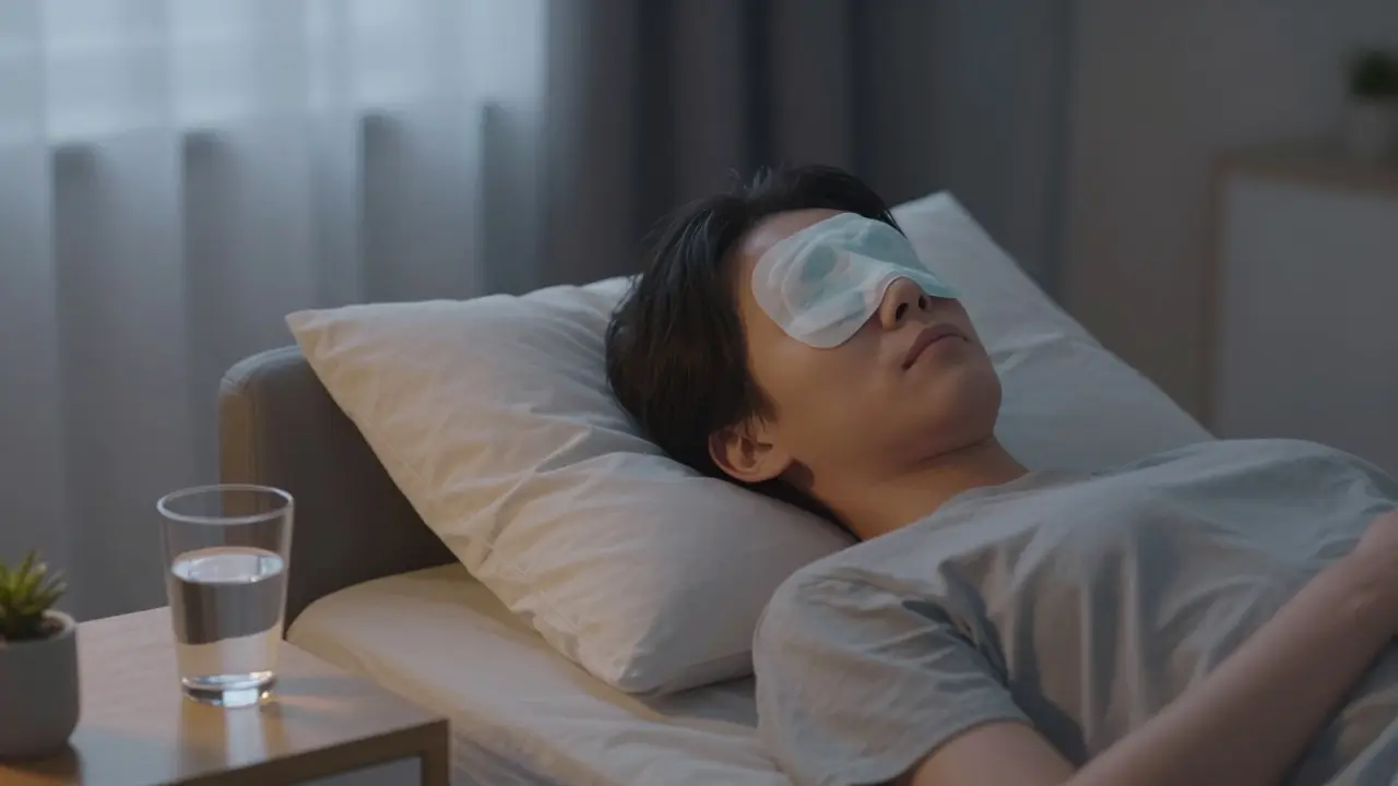 Pacient odpočívá s chladným obkladem na tváři a zvýšenou hlavou na polštářích.