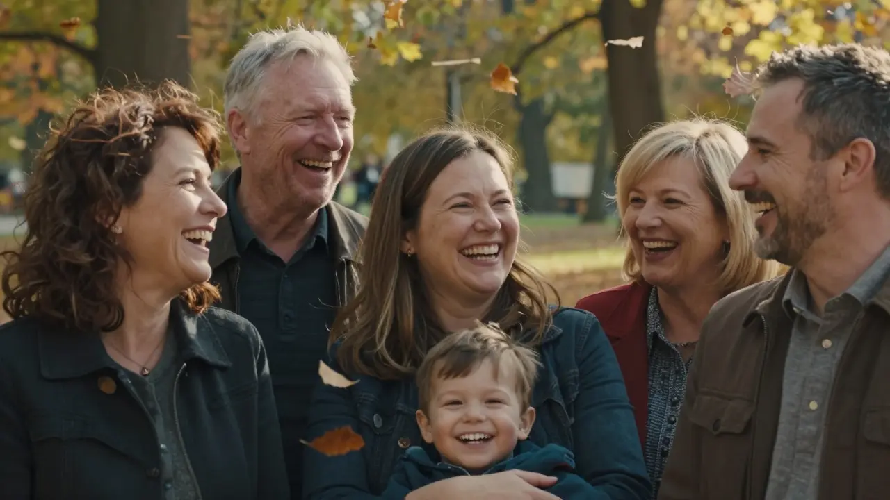 Pět lidí se směje v parku, jejich přirozené úsměvy ukazují různé odstíny zubů, dítě v pozadí má bílé zuby.