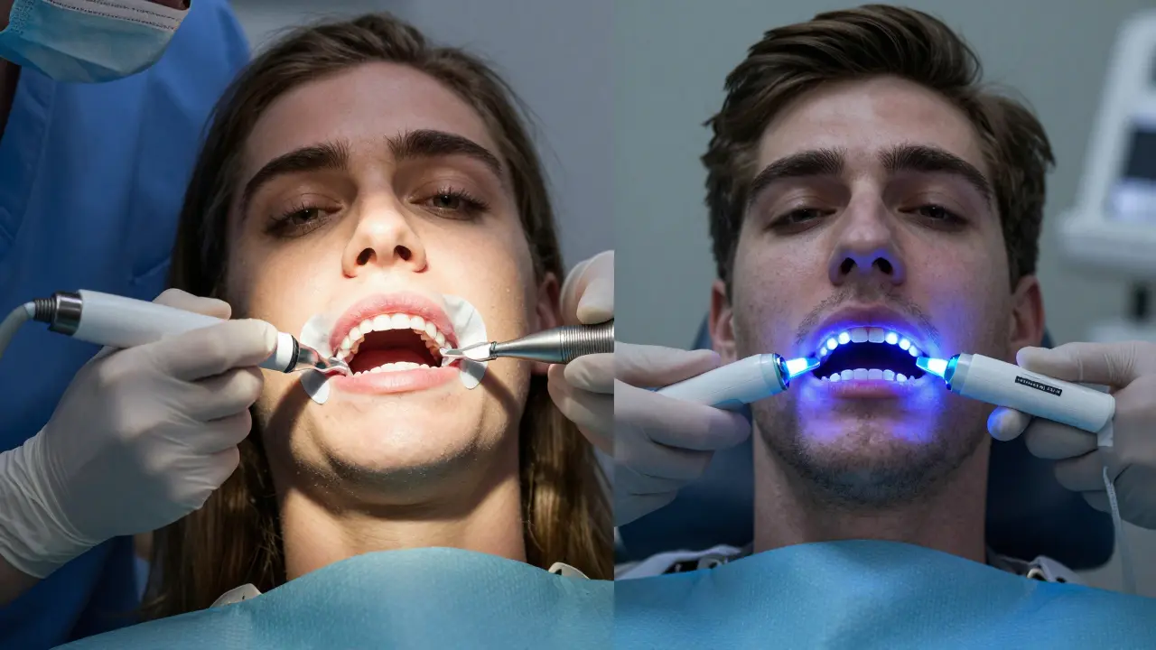 Porovnání bezpečného klinického bělení zubů a nebezpečného domácího použití.