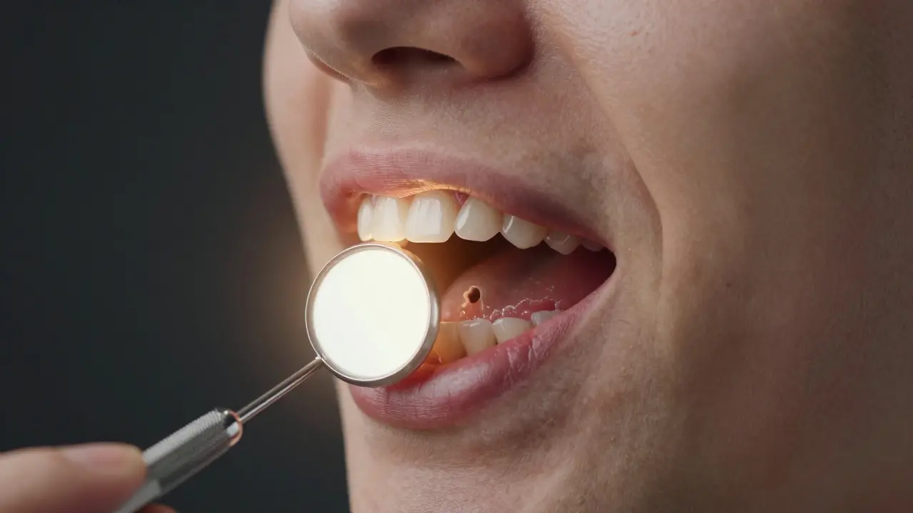 Profyl lidského ústního ústrojí s viditelnými známkami plaku a zánětu.