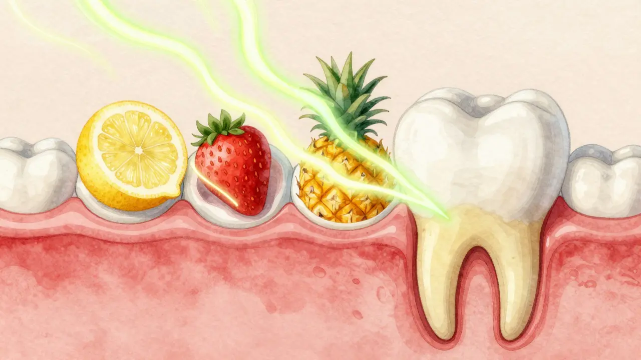 Průřez zubu s kyselým působením ovoce na sklovinu a dentin.